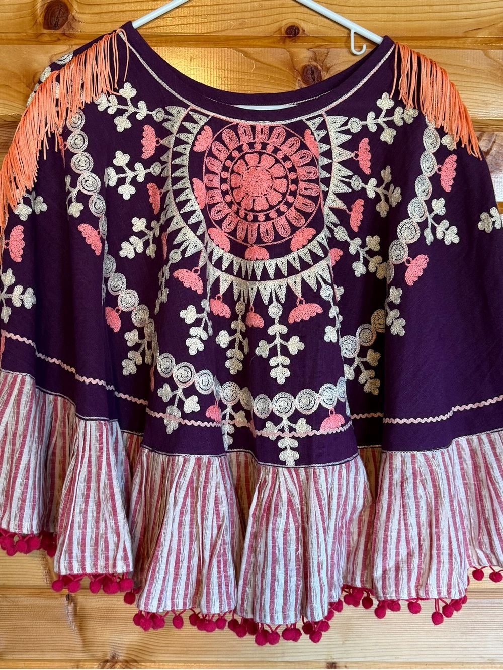 Mesmora Embroidered Boho Fringe Poncho Top-Free Size